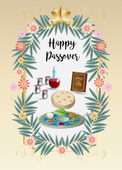 Happy Passover greeting card decoration with traditional symbols Kiddush cup, four glasses of wine, matzo matzah Jewish traditional bread for Passover Seder, Pesach food plate, Haggadah book, banner