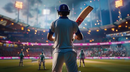 Back of cricket player holding cricket bat in stadium. Generative AI. - obrazy, fototapety, plakaty