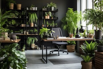 Green Oasis: Modern Rustic Office Concepts with Plants in Pots
