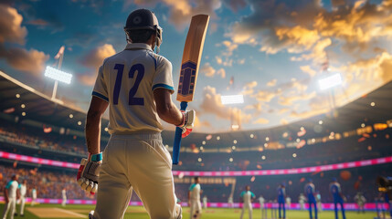 Obraz premium Back of cricket player holding cricket bat in stadium. Generative AI.