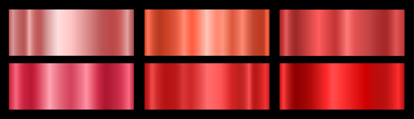 A set of red metallic glossy gradients on a black background Texture of a smooth metal surface. Vector illustration.