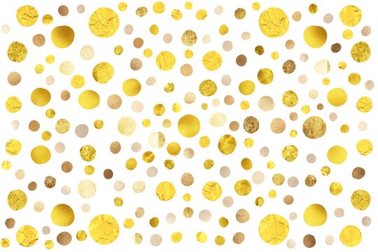Abstract golden polka dots backdrop. Shiny, glowing bright wallpaper design. Confetti. Celebration card. Festive mood. Isolated on a white background.