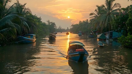 Sunset Serenity on the Mekong Delta. Concept Nature Photography, River Landscapes, Golden Hour Shots