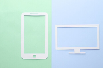 Paper cut Smartphone and tv on pastel background. Creative minimalism layout