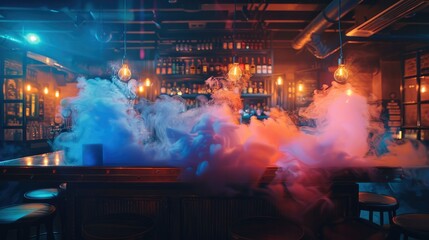 Bar, colored smoke. front view. Generative AI.