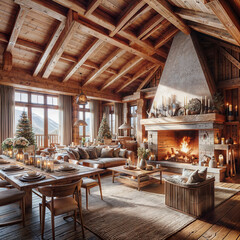 arafed living room with a fireplace and a dining table, cozy living room interior, interior architecture view, luxurious wooden cottage, well lit 3 d render, elegant interior, interior of a loft, mode