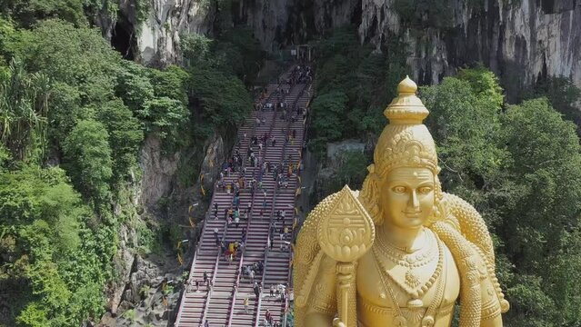 Aerial view of Batu Caves and Statue of Lord Murugan, Selangor, Malaysia.