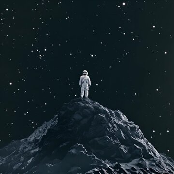 An astronaut stands on a hill looking up at the stars.