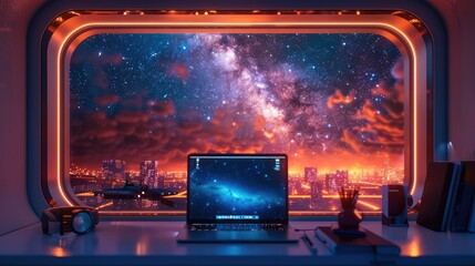 A laptop on a desk, The office is located in a technology space capsule, with a dreamy and vast...