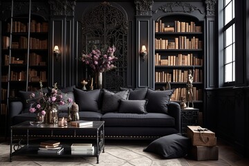 Chic Gothic Living Room: Moody Inspirations with Wrought Iron Details - obrazy, fototapety, plakaty