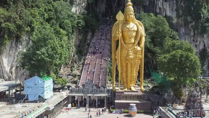 Aerial view of Batu Caves, Statue of Lord Murugan, Selangor, Malaysia.