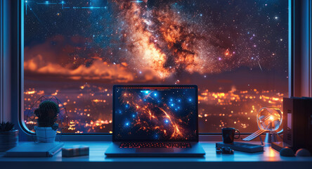 A laptop on a desk, The office is located in a technology space capsule, with a dreamy and vast Milky Way outside the window. Generative AI.