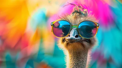 Fotobehang A colorful background with a bird wearing sunglasses. The bird is wearing a pair of sunglasses and he is posing for a photo. Funny ostrich wearing sunglasses in studio in a colorful bright background © Nataliia_Trushchenko