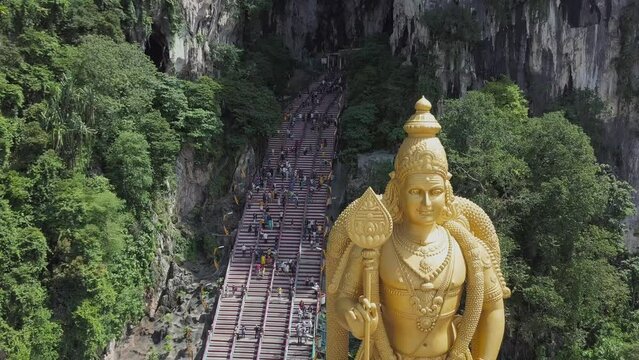 Aerial view of Batu Caves with Statue of Lord Murugan, Selangor, Malaysia.