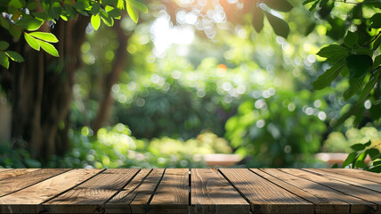 Mockup wooden board surface in the garden with blurred nature background.