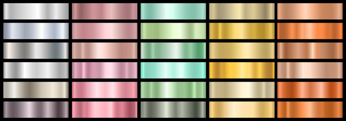 A set of metal gradients. Background surface template with chrome texture. A collection of colorful palettes. Vector illustration.