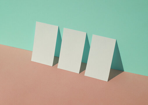 White blank business cards on a blue-pink pastel background. Creative minimal layout. Corporate identity