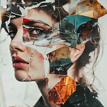 A photo of a woman's face made of torn paper.