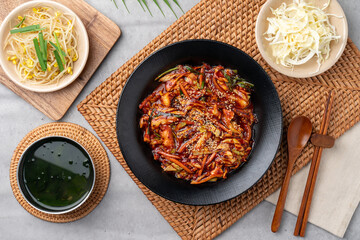 Korean food, octopus, stir-fry, side dishes, bean sprouts, soy sauce, spicy, chili powder, seaweed soup, cabbage, perilla leaf, bossam,