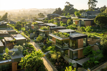 Fototapeta premium Aerial view of sustainable urban neighborhood with lush greenery and modern suburban houses.