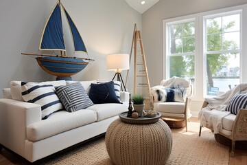 Buoy Accents and Harbor Vibes: Nautical Themed Living Room Designs - obrazy, fototapety, plakaty