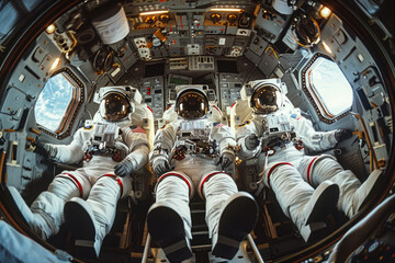 Group of astronauts in spacesuits seating in cockpit of space shuttle. Flying on spaceship during lunar expedition