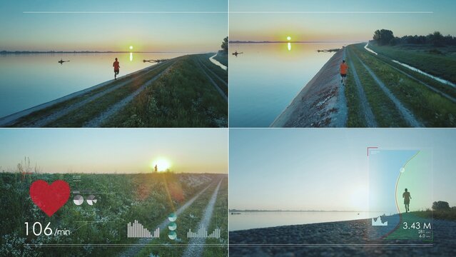 Split screen of professional runner's training session during an evening workout. Digital display of heart rate and other sports data. 3D graphic - Powered by Adobe