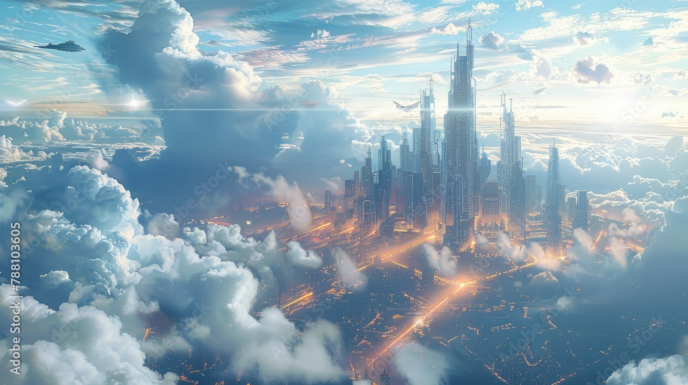 Aufkleber A blockchain-powered city floating in the sky, with data streams as road. Generative AI.