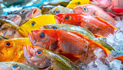  A vibrant display of fresh fish assortment at a seafood market, emphasizing the freshness and variety available.