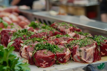  Premium fresh raw meat garnished with herbs, artistically displayed at a market, highlighting quality and freshness.