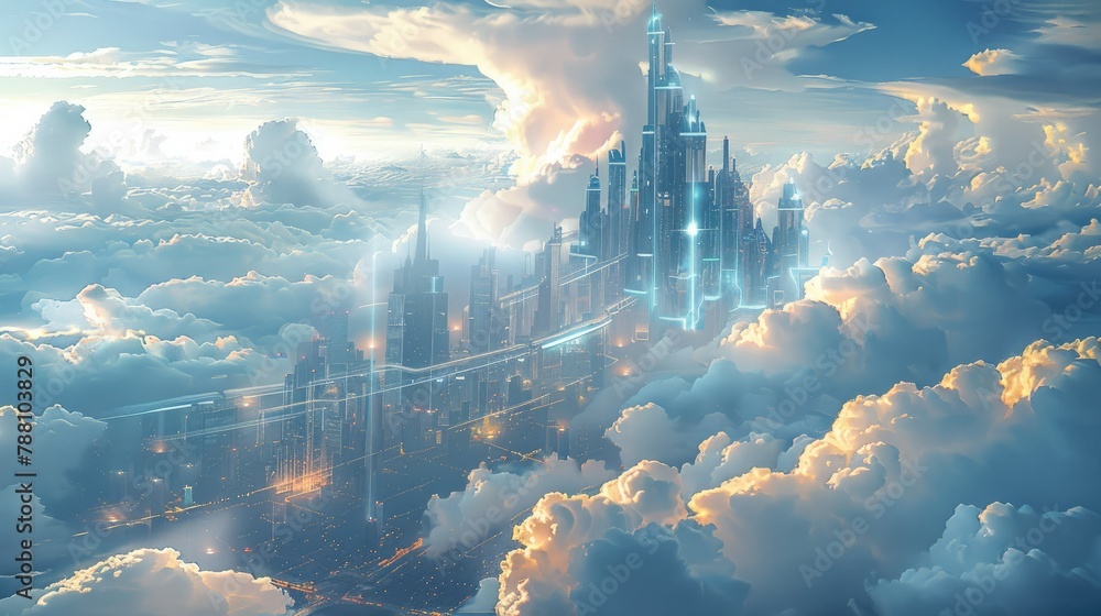 Aufkleber A blockchain-powered city floating in the sky, with data streams as road. Generative AI.