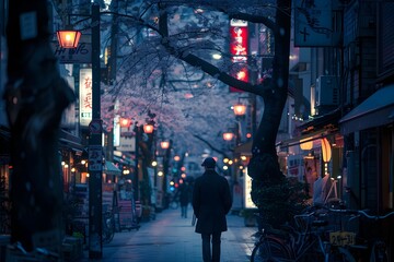 Solitary Figure Navigating the Vibrant Harajuku Streetscape of Tokyo Serene Ambiance Amidst Bustling Atmosphere Eclectic Fashion and Neon Lights - obrazy, fototapety, plakaty