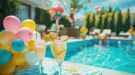 Preparing for a birthday party in the summer by the pool