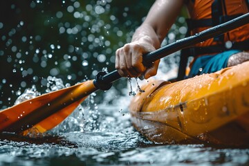 Close-up of a moving paddle during a kayak adventure, capturing the splash and excitement of navigating through water.