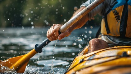Close-up of a moving paddle during a kayak adventure, capturing the splash and excitement of navigating through water. - obrazy, fototapety, plakaty