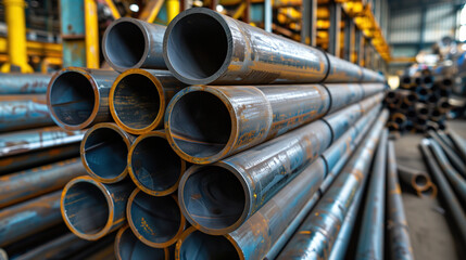 Stack of steel pipes in industrial warehouse ready for construction.