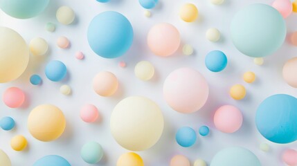 From above of arranged spheres in different pastel colors and sizes on white background