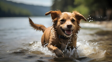A photo capturing dog playing in the water. Showcasing lively and joyful scenes of summer,...