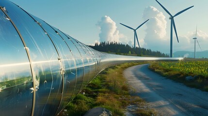 Outdoor hydrogen pipeline and wind turbines. - obrazy, fototapety, plakaty