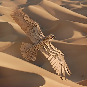 Over a realistic desert landscape, a paper falcon dives, its folded wings streamlined for speed, casting a fleeting shadow over the sands