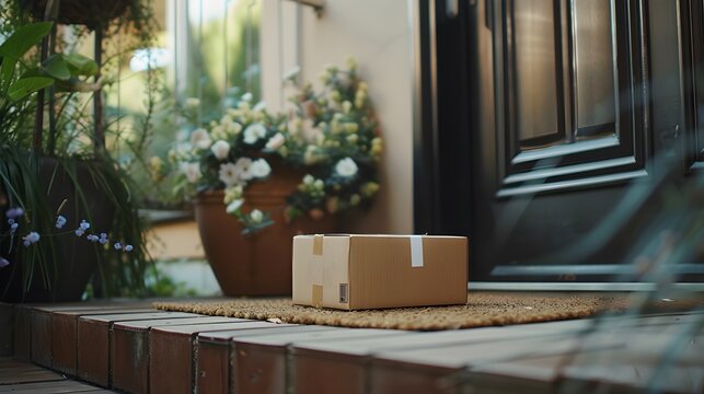 Parcel delivery at doorstep with a doormat near the entrance.