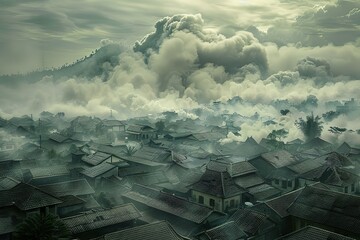A small village faces the apocalyptic scene of a volcanic eruption, with massive smoke and ahs clouds enveloping the tropical landscape - obrazy, fototapety, plakaty