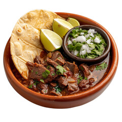 Front view of Birria with Mexican stewed meat, featuring tender goat, beef, or lamb meat cooked in a flavorful broth with tomatoes, onions, garlic, and spices, isolated on white transparent background