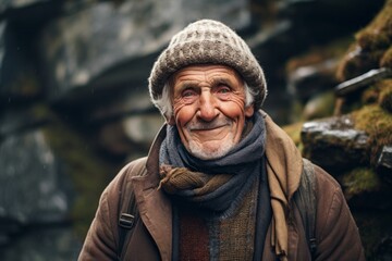 Portrait of a smiling elderly 100 years old man dressed in a warm wool sweater in rocky cliff background