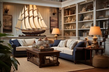 Sailboat Model Showcase: Nautical-Themed Living Room Designs with Maritime Collection