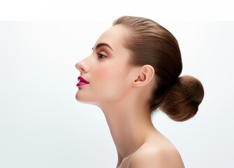 Naklejka premium A woman with red lips and a bun hairstyle