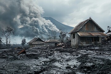 A small village faces the apocalyptic scene of a volcanic eruption, with massive smoke and ahs clouds enveloping the tropical landscape