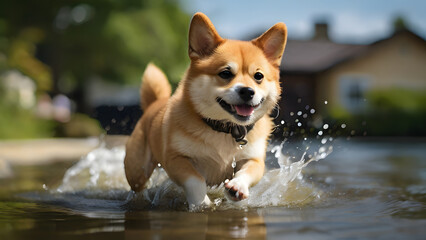 A photo capturing Shiba Inu playing in the water. Showcasing lively and joyful scenes of summer, highlighting the happy moments  Shiba Inu playing in the water.