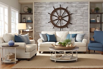 Ship Wheel Wall Decor & Sailor's Charm: Nautical Themed Living Room Design Ideas