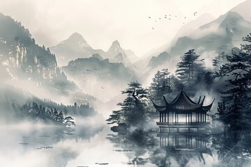 Chinese traditional painting, landscape with a pavilion and pine trees by a lake in mountains